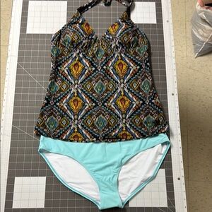 Geometric Patterned Halter Tankini Top with Aqua Bottoms